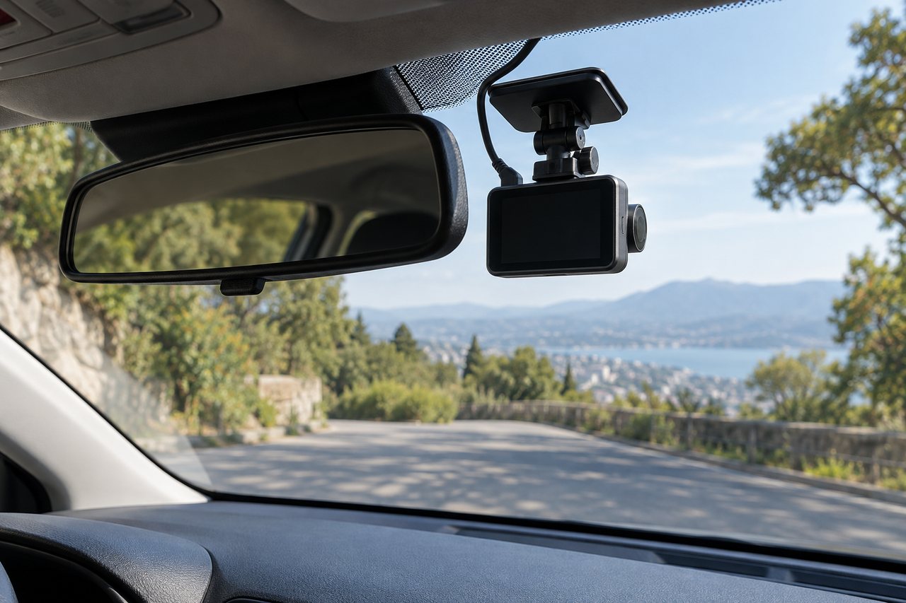 Câmera veicular de tela escura fixada na parte superior do para-brisa, ao lado do retrovisor, com cabo seguindo para o teto e estrada vista adiante.