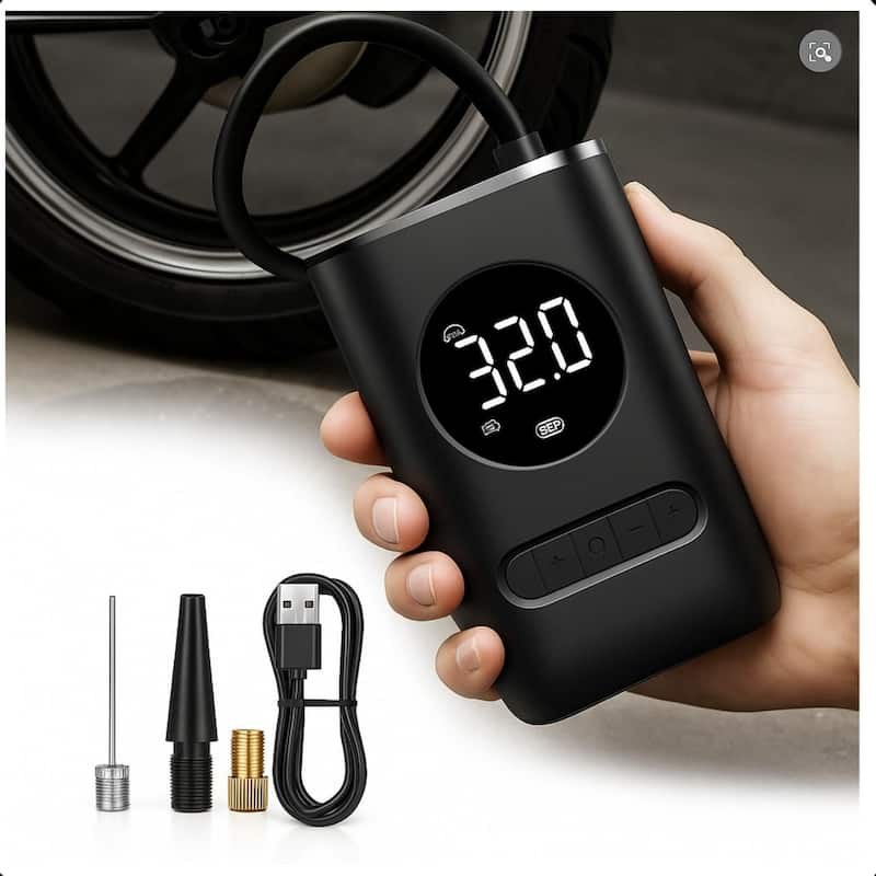Foto de referência: Mini compressor portátil para pneus.