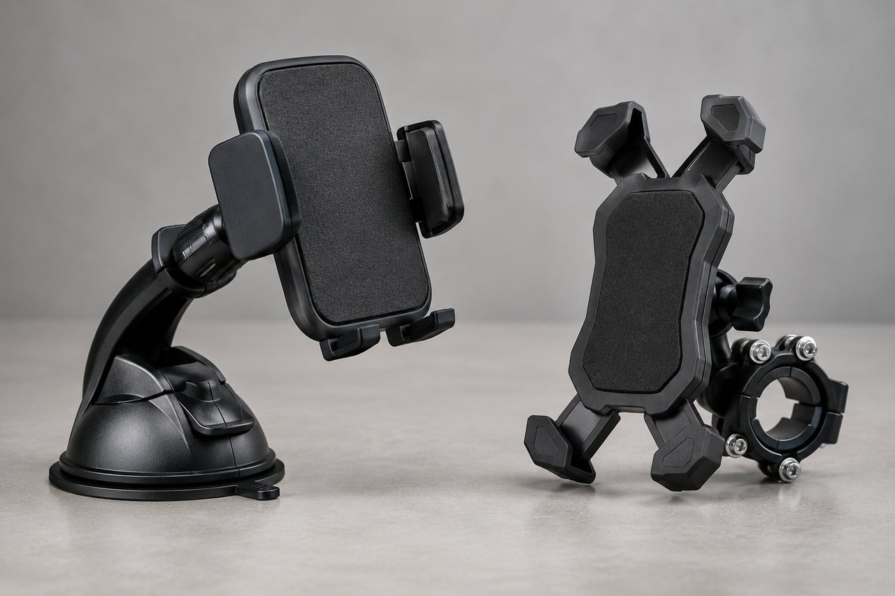 Dois suportes de celular pretos, um com ventosa e outro com abraçadeira circular para guidão.