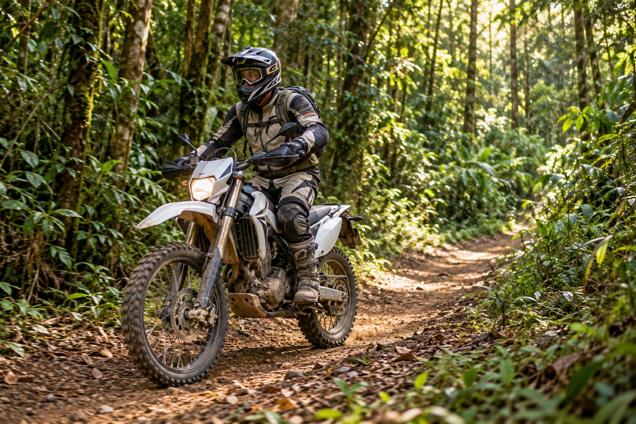 Motociclista com capacete percorre um caminho rural em uma trilha.