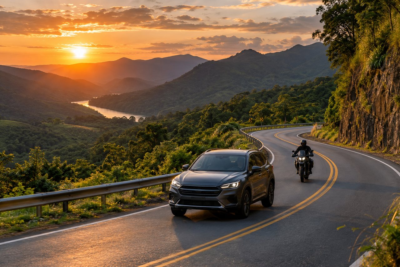 Carro e motociclista em uma estrada de serra ao pôr do sol.